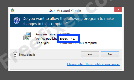 Screenshot where Duet, Inc. appears as the verified publisher in the UAC dialog